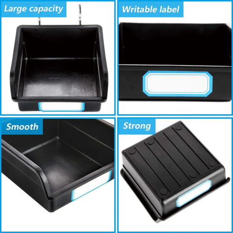 Ten Pack Pegboard Bins With Hooks And Labels For Organizing Accessories In Black Durable Polypropylene That Holds Up To 22 Lbs Round Corner Design For Safe Easy Access And Sleek Garage Or Workshop Storage