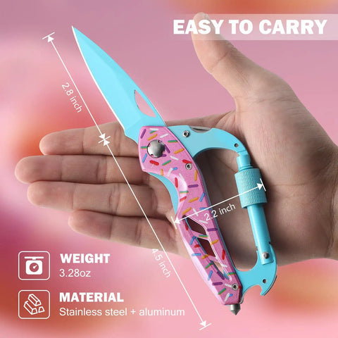 Close-up of Six In One Carabiner Multitool With Folding Knife And Bottle Opener Glass Breaker in hand