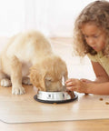 Child feeding a puppy on a Clear Office Chair Mat 36x48 Inches With Lip Heavy Duty PVC Floor Protector For Hardwood Floors Easy Glide Under Rolling Chairs Odorless Nontoxic Desk Mat For Home Office And Workspace.
