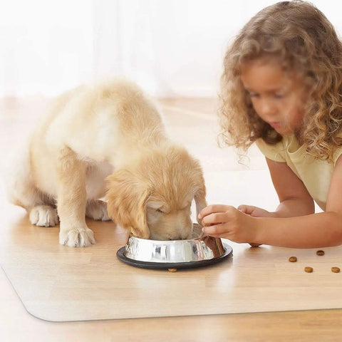 Child feeding a puppy on a Clear Office Chair Mat 36x48 Inches With Lip Heavy Duty PVC Floor Protector For Hardwood Floors Easy Glide Under Rolling Chairs Odorless Nontoxic Desk Mat For Home Office And Workspace.
