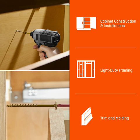 Low Profile Cabinet Screws Two And A Half Inch, 1500 Count, Climatek Coated For Indoor Outdoor Use, use in cabinetry and framing.