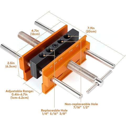 Top view of Self Centering Dowel Jig Kit For 6.8 Inch Timber Woodworking Center Doweling Drill Guide, dimensions labeled