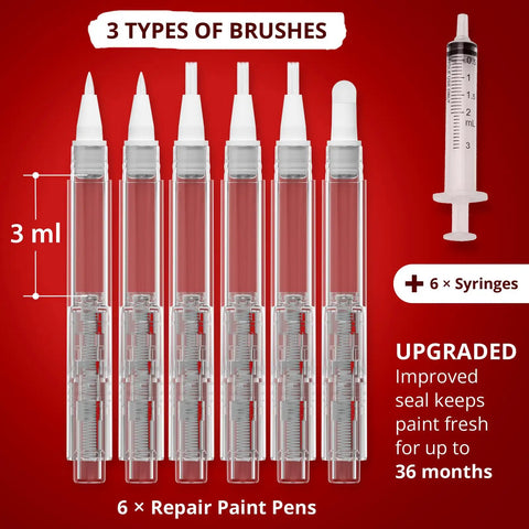 Heavy Duty Refillable Touch Up Paint Pen Set Featuring Six Customizable Markers With Three Distinct Brush Tips, 6 refillable paint pens.