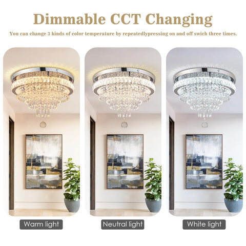 Modern 19.7 Inch Crystal Chandelier LED Flush Mount Ceiling Light Showpiece For Living Room Dining Room And Bedroom Not Dimmable Max 55W 85-265V With Three Color Temperatures 2700K 4000K 6500K in three color modes