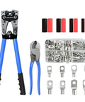 All In One Battery Cable Lug Crimper Kit With Heavy Duty Wire Cutter And Heat Shrink Tubing Includes 60 Copper Lugs