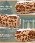 Rose Embossed Rolling Pin For Baking Cookies And Shortbread With Flower Pattern, Wooden Engraved Springerle Style Rolling Pin For Clay Pottery Ceramics