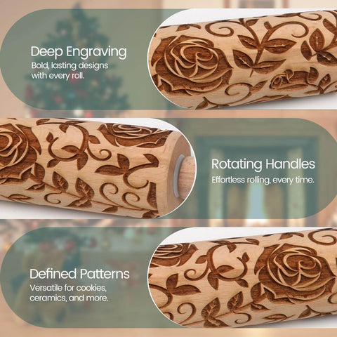Rose Embossed Rolling Pin For Baking Cookies And Shortbread With Flower Pattern, Wooden Engraved Springerle Style Rolling Pin For Clay Pottery Ceramics