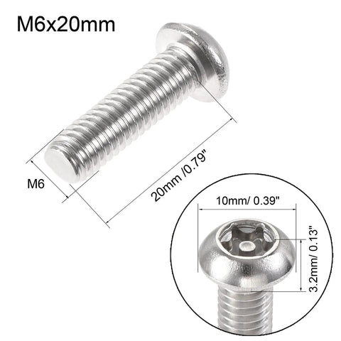 Top Tier M6x20mm Torx Security Pan Head Screws Paired With T30 L Wrenches Forged From 304 Stainless Steel, showing dimensions.