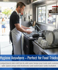 Hustle Ready Portable Sink With Four Compartment Basin And Built In Hot Water Free Standing Hand Wash Station used in food truck for hand washing dishes.