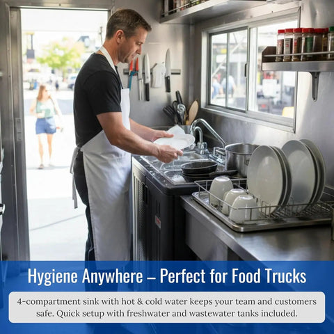 Hustle Ready Portable Sink With Four Compartment Basin And Built In Hot Water Free Standing Hand Wash Station used in food truck for hand washing dishes.