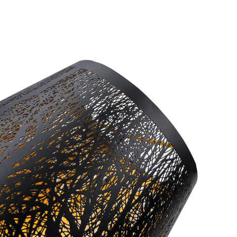 Close-up of Double Pack Clip On Lampshades For Candelabra Bulbs, Barrel Metal Lampshade With Tree Pattern In Black And Gold