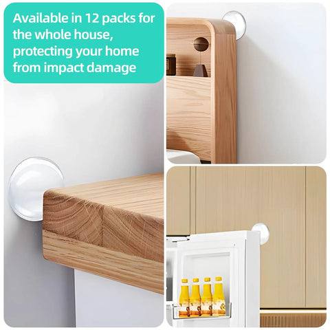 Self Adhesive Door Bumpers Pack Of 12 Round 40 By 8 Mm Protectors installed on wooden furniture corners and refrigerator door