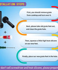 Installation steps for 12 Pack Grate Rubber Feet Replacement For Gas Stove Tops with tools and instructions displayed on blue background.