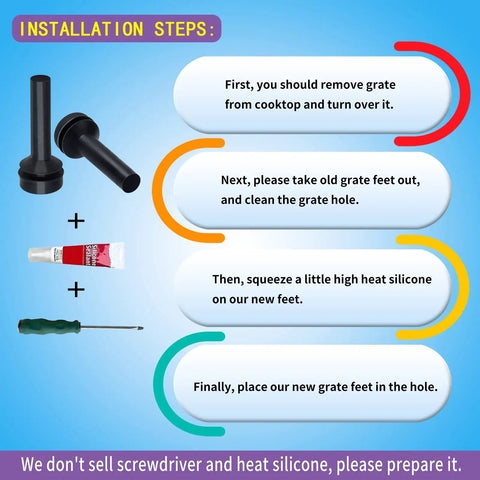 Installation steps for 12 Pack Grate Rubber Feet Replacement For Gas Stove Tops with tools and instructions displayed on blue background.