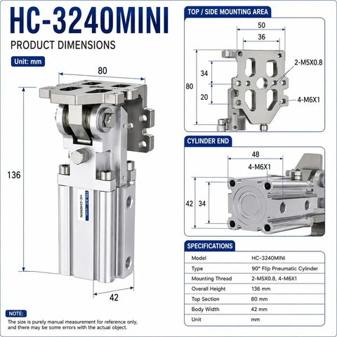 Heavy Duty 90 Degree Flip Pneumatic Cylinder Rotary Actuator For Injection Molding Manipulators And Automated Pick And Place Systems, 136mm tall.