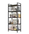 Total Game Changing Five Tier Pantry Shelving With Chunky Wooden Boards And Heavy Duty Adjustable Wire Grids And Super Sturdy Storage Rack For Kitchen Closet Or Laundry Room Setup In Matte Black displaying various decorative items.