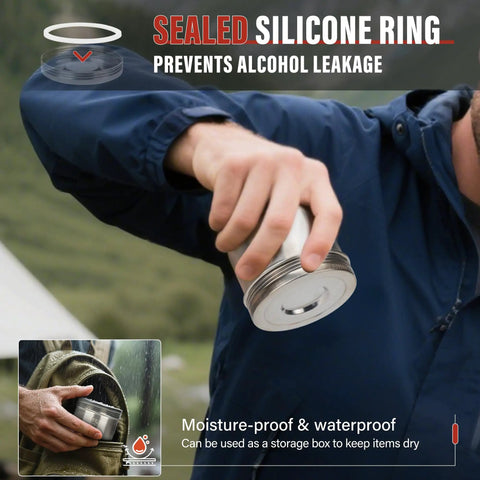 Person holding sealed stainless steel cover of 2250W Alcohol Stove For Camping And Outdoors, demonstrating silicone ring with waterproof feature.