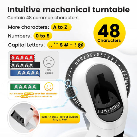 Super Slick Manual 3D Embossing Label Maker With Tape Roll Inkless showing intuitive mechanical turntable with 48 characters.