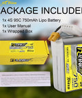 R-Line 750mAh 14.8V 95C 4S1P LiPo Battery Pack With XT30 Plug, manual, and box for RC hobbyists and enthusiasts