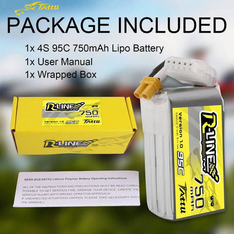 R-Line 750mAh 14.8V 95C 4S1P LiPo Battery Pack With XT30 Plug, manual, and box for RC hobbyists and enthusiasts