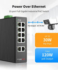 8 Port Gigabit PoE Plus Switch With DIN Rail Power Supply And Two Gig Uplink Ports, 120W Budget, Built For IP Cameras, VoIP Phones, And Wireless APs, Rugged Onsite Industrial Network Gear, black metal housing