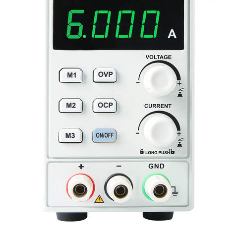 Front panel of Variable DC Power Supply For Bench Use With 32V 6A Output OVP OCP OTP Protection 4 Digit LED Display controls shown