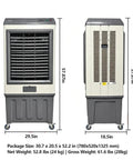 Heavy Duty Evaporative Air Cooler With 5885 CFM Big Blast Airflow And 26 Gal Tank Portable Swamp Cooler side and front view dimensions