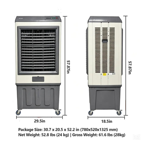 Heavy Duty Evaporative Air Cooler With 5885 CFM Big Blast Airflow And 26 Gal Tank Portable Swamp Cooler side and front view dimensions