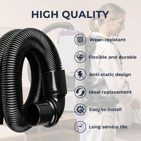 Static Dissipating Backpack Vacuum Hose With One And A Half Inch Cuffs Fits ProTeam Super Coach Mode 6 And Other Models Replacement Stretchable Durable For Dust Collection On Miter Saw And General Shop Vac Use shown coiled with features listed.