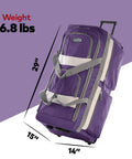 Purple Olympia 29-inch jumbo rolling duffel bag with eight pockets, wheels, and retractable handle.