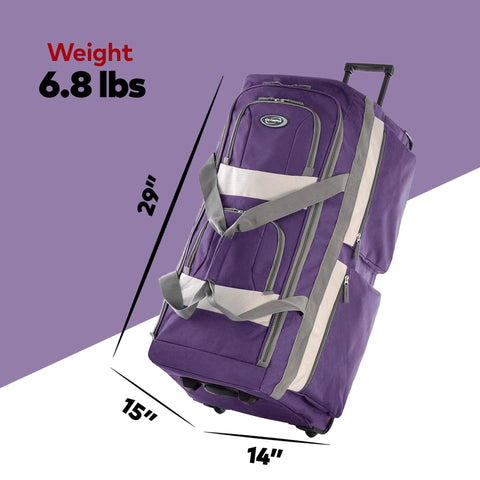 Purple Olympia 29-inch jumbo rolling duffel bag with eight pockets, wheels, and retractable handle.