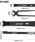 4 Piece Pry Bar Set With 12 Inch Utility Claw Bar 10 Inch Flat Pry Bar 7 Inch Flat Pry Bar And 8 Inch End Cutting Pliers, labeled dimensions