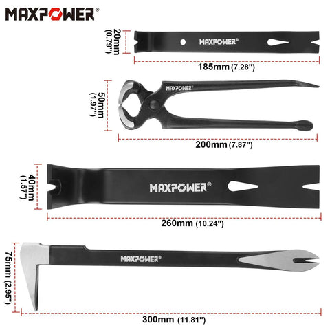 4 Piece Pry Bar Set With 12 Inch Utility Claw Bar 10 Inch Flat Pry Bar 7 Inch Flat Pry Bar And 8 Inch End Cutting Pliers, labeled dimensions