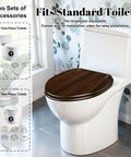 Elongated walnut wood wood grains pictures Toilet Seat on standard toilet with adjustable hinges and installation accessories.