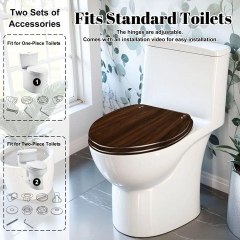 Elongated walnut wood wood grains pictures Toilet Seat on standard toilet with adjustable hinges and installation accessories.