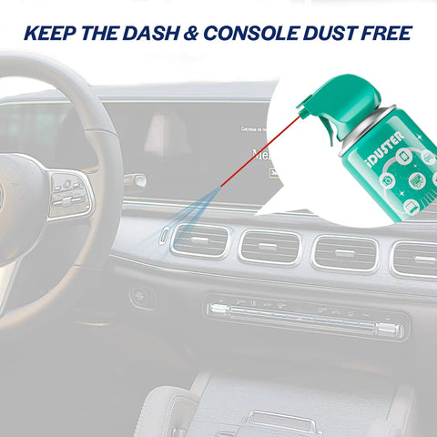 Keyboard Cleaner Air Spray For Computers And Electronics 10oz Can Duster 3 Pack shown cleaning car dashboard