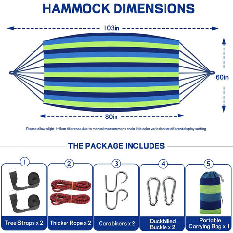 Beefy Heavy Duty Two Person Camping Hammock With 660 Lb Capacity, 103 Inch Long By 60 Inch Wide Sleep Surface, Includes 2 Tree Straps, Carabiners, Duckbill Buckle, Thicker Rope, And Portable Carry Bag In Blue