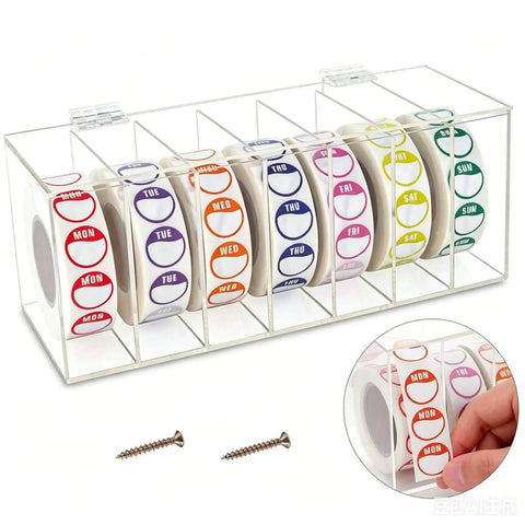 Slick Acrylic Label Organizer With Split Dividers To Keep Ya Organized And Ditch The Clutter Clear Hinged Dispenser Box showing various day labels.