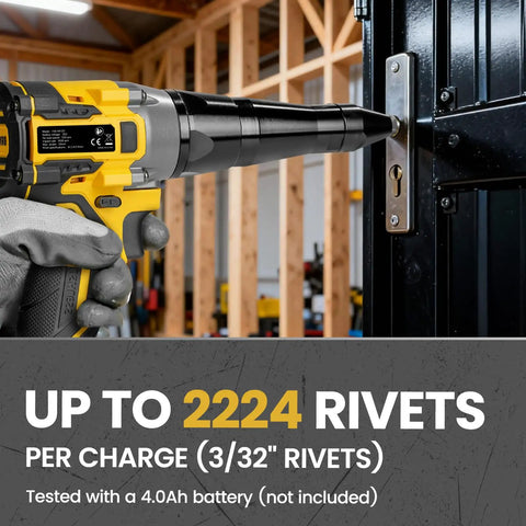Heavy Duty Cordless Rivet Gun Compatible With Dewalt 20V And 60V Max Battery System Tool Only Featuring Brushless Motor and Low Voltage Protection for reliable high performance riveting jobs without cords, showcasing riveting action.