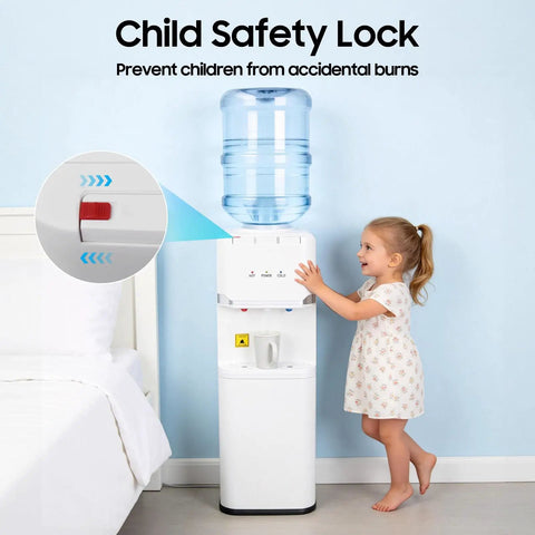 Hot And Cold Water Cooler Dispenser For 5 Gallon Bottle With Top Loading Design No Mess No Fuss in bedroom with child safety lock