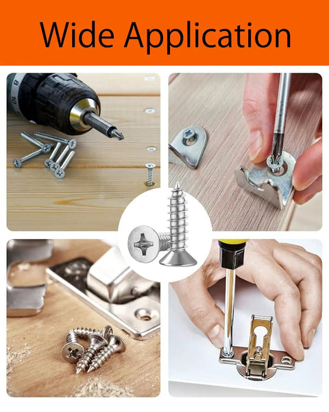 Wide application of Straight Up Hella Durable 200 Pack Flat Head Self Tapping Stainless Steel Screws, showcasing usage in various settings.