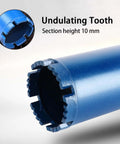 Blue 2.5-inch core drill bit with undulating teeth; side view with inset end-view showing serrated cutting edge.