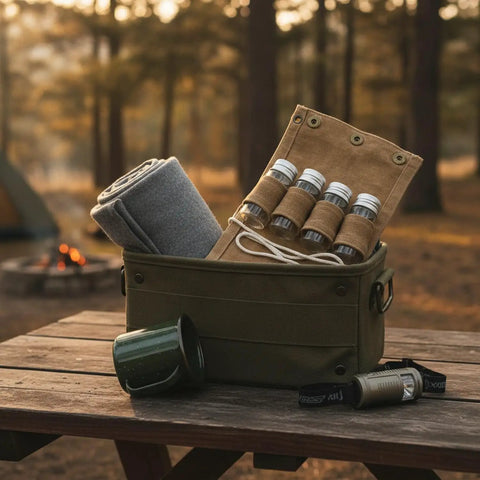 Seasoning Bottle Storage Bag Portable Spice Organizer Pouch with Zipper for Camping and RV Travel on picnic table with gear