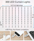 Diagram of RGB LED Curtain Lights 300 LEDs 10 Ft By 10 Ft Color Changing String Fairy Lights with USB power connection.