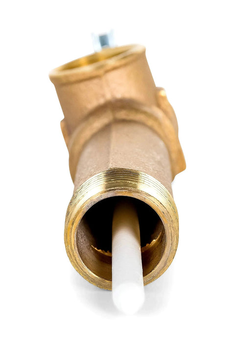 Close-up view of Temperature And Pressure Relief Valve For Water Heaters 3/4 Inch Inlet Outlet 150 Psi 210 F with copper alloy body.