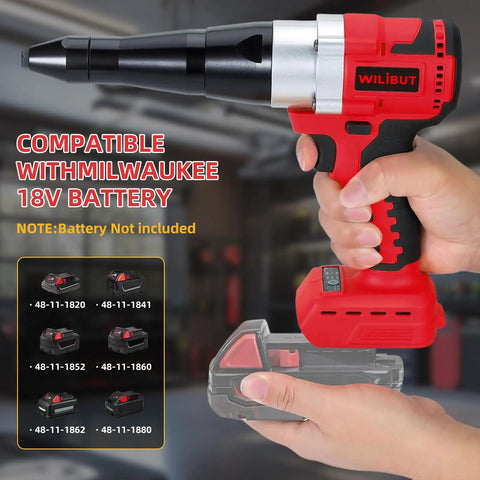 Cordless Rivet Gun For Milwaukee 18V Battery Compatibility Tool Only No Battery Included, red metal and plastic tool