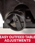 Badass Eight Inch Jointer Featuring Helical Cutterhead And Two Horsepower Motor Delivers Hella Smooth Cuts showing easy outfeed table adjustments.