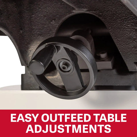 Badass Eight Inch Jointer Featuring Helical Cutterhead And Two Horsepower Motor Delivers Hella Smooth Cuts showing easy outfeed table adjustments.