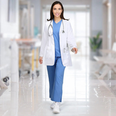 Woman in white Women's Mid-Length Lab Coat In White, Size Small, Pro-Grade Lab Coat For Science And Chemistry, walking in corridor.