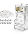 Close-up of Cat6 RJ45 Connectors 110 Pack For Ethernet Cables With Gold Plated 8P8C Pins, transparent finish, showing multiple connectors.